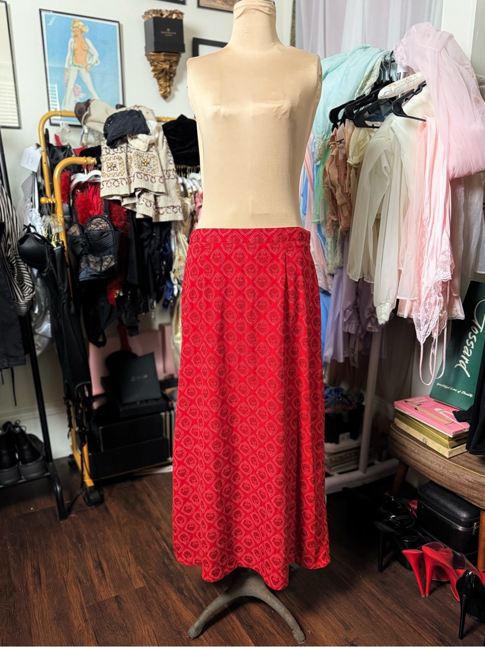 Vintage 1980’s - 1990’s Red Patterned Maxi Skirt - Classic Women's Skirt